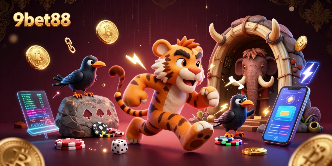 Engage with 9bet88 in a vibrant prehistoric casino scene filled with dynamic gaming elements.