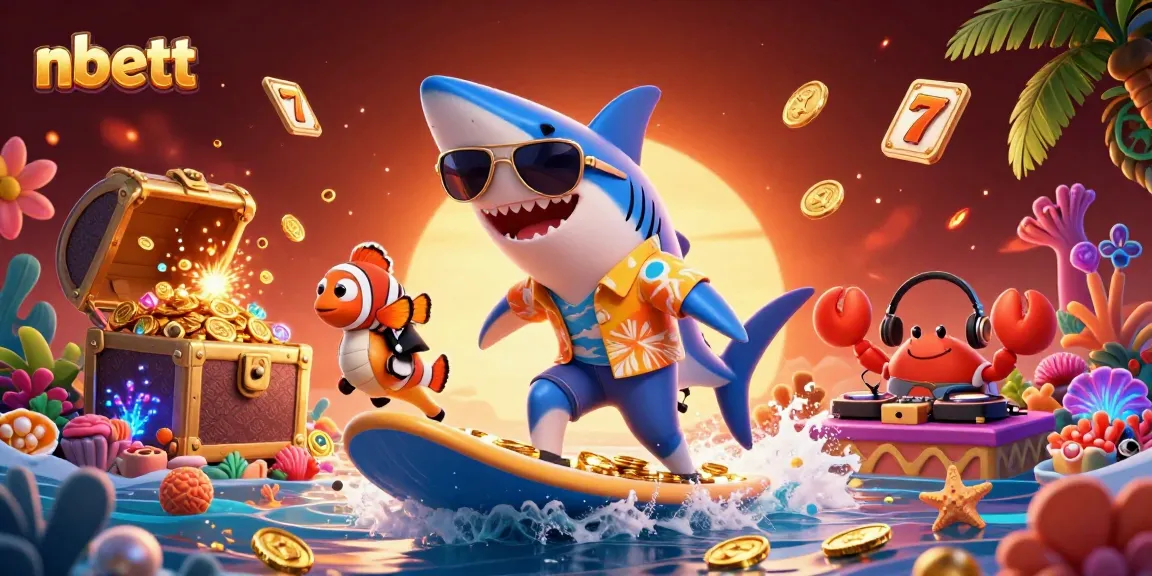 Experience thrilling wins with nbett while a shark surfs coins, embodying the excitement of online casinos.