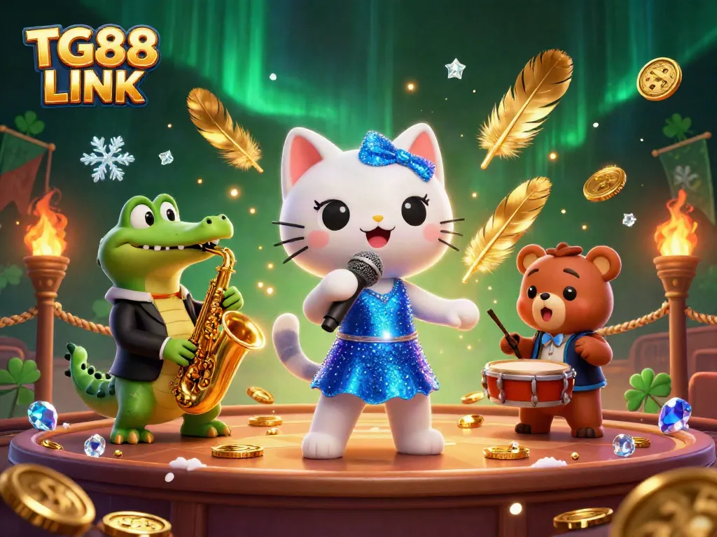 Experience the vibrant TG88 LINK scene with a jazz-singer cat, saxophone crocodile, and drum-playing bear amidst casino elements.