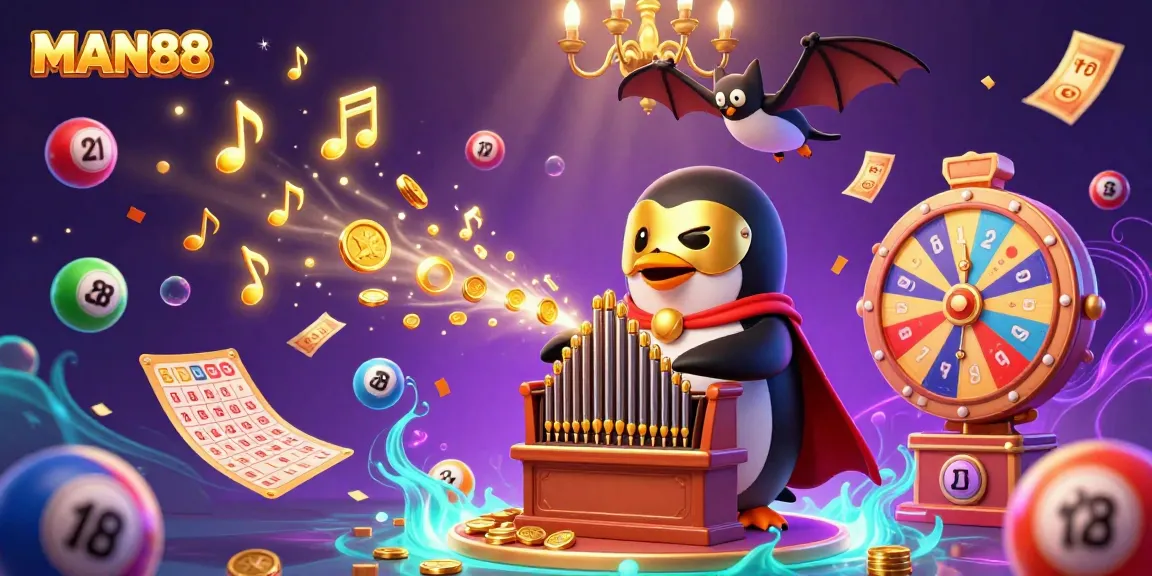 Experience the thrill of MAN88 with a colorful 3D casino scene featuring a penguin and dynamic lottery elements.