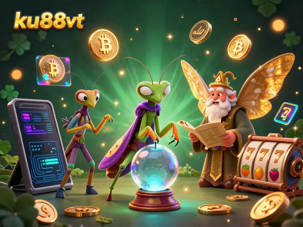Experience ku88vt's mystical charm with a fortune teller and a moth librarian in an enchanting casino scene.