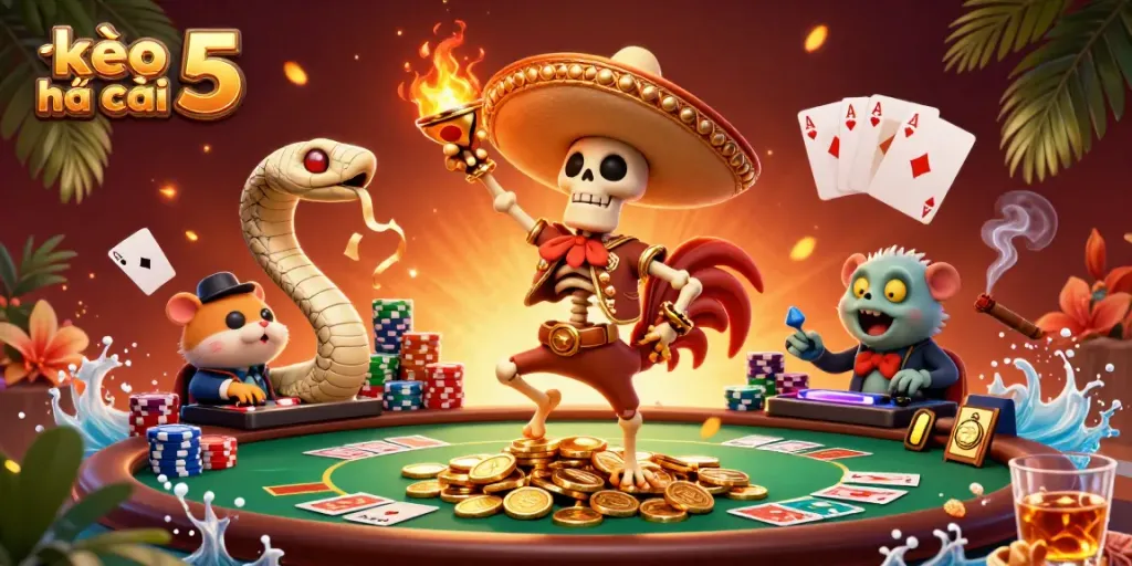 Experience the excitement of kèo nhà cái 5 with a thrilling victory scene featuring vibrant casino characters and elements.