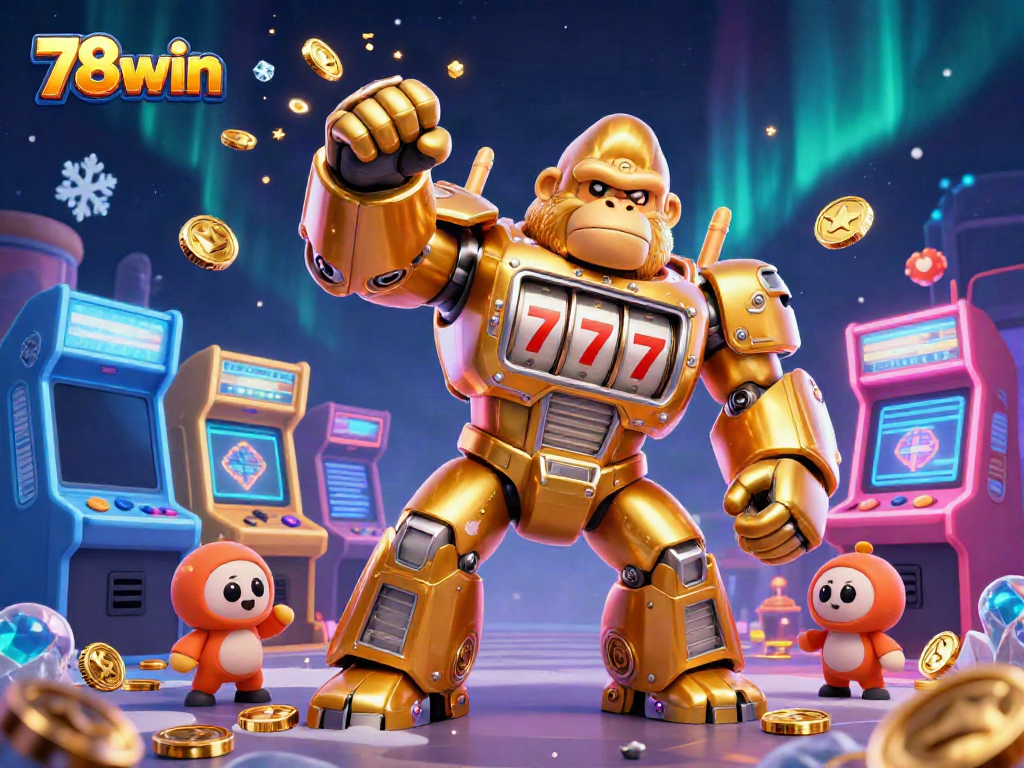 Experience the thrilling action of winning with 78win, showcased by a golden gorilla mech and slot machine parts.