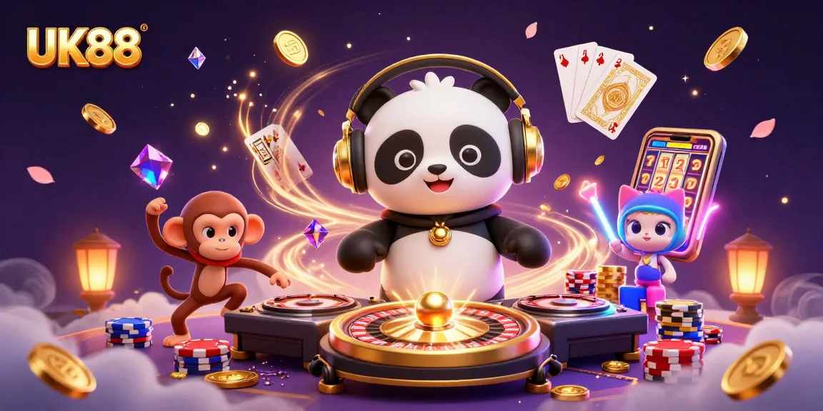 Engage with UK88's thrilling gaming atmosphere featuring a DJ panda, breakdancing monkey, and rave kitten.