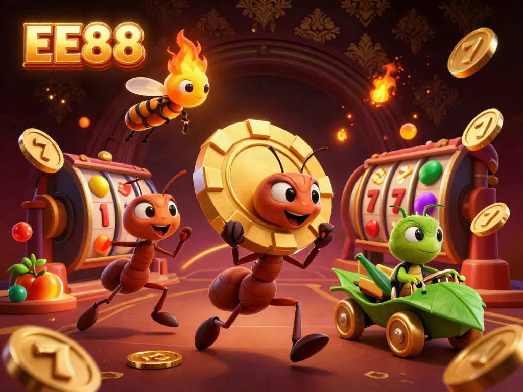 EE88 gaming illustration of cartoon ants stealing a giant golden poker chip, illustrating a vibrant casino heist atmosphere.