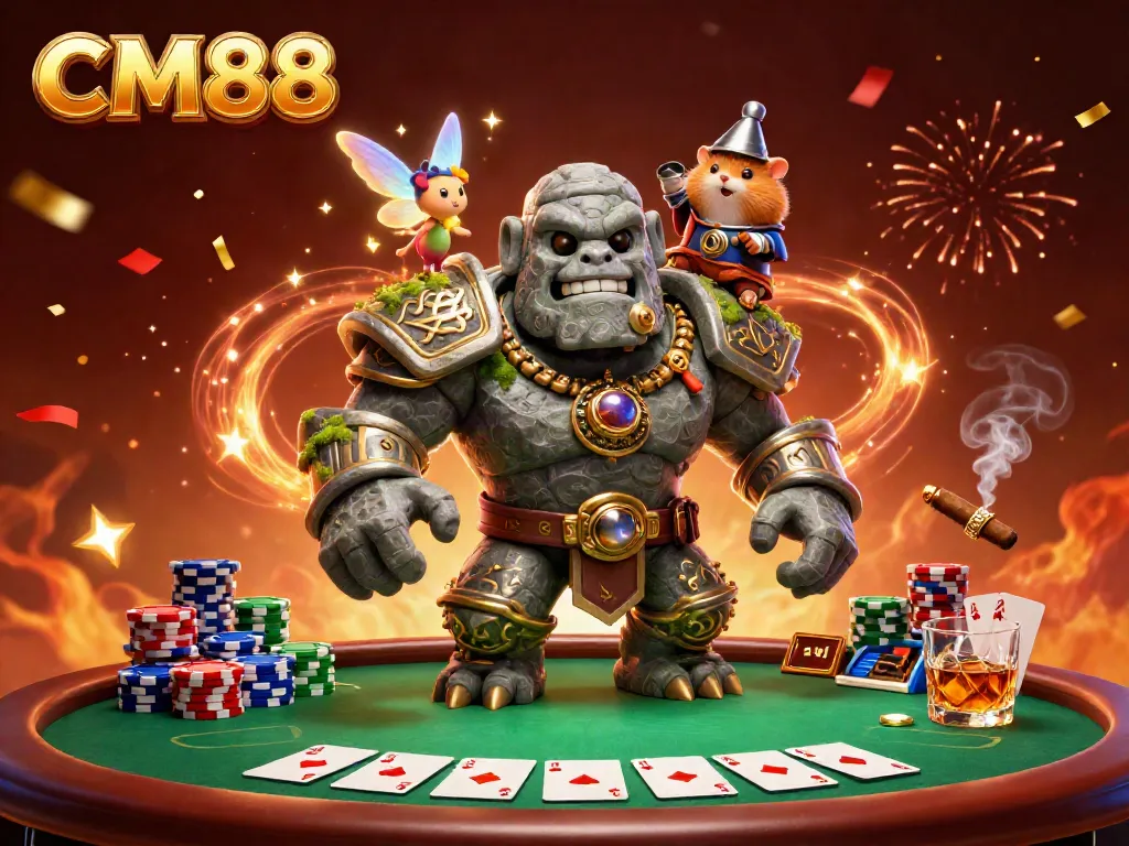Engage with CM88's immersive world of poker, featuring a golem guardian, sparkling fairy, and dynamic casino elements.