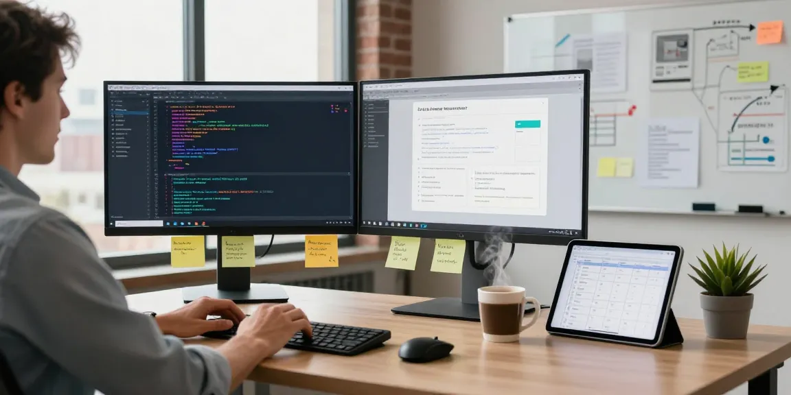 Developer working to build internal tools with AI in a modern office setting.
