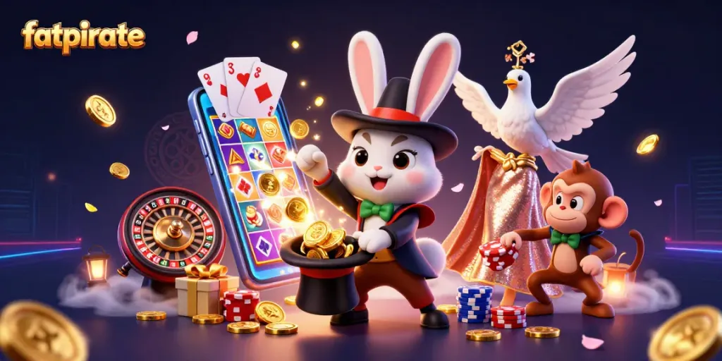 Experience the excitement of fatpirate with a whimsical 3D illustration of a magician rabbit, dove, and monkey amidst casino elements.