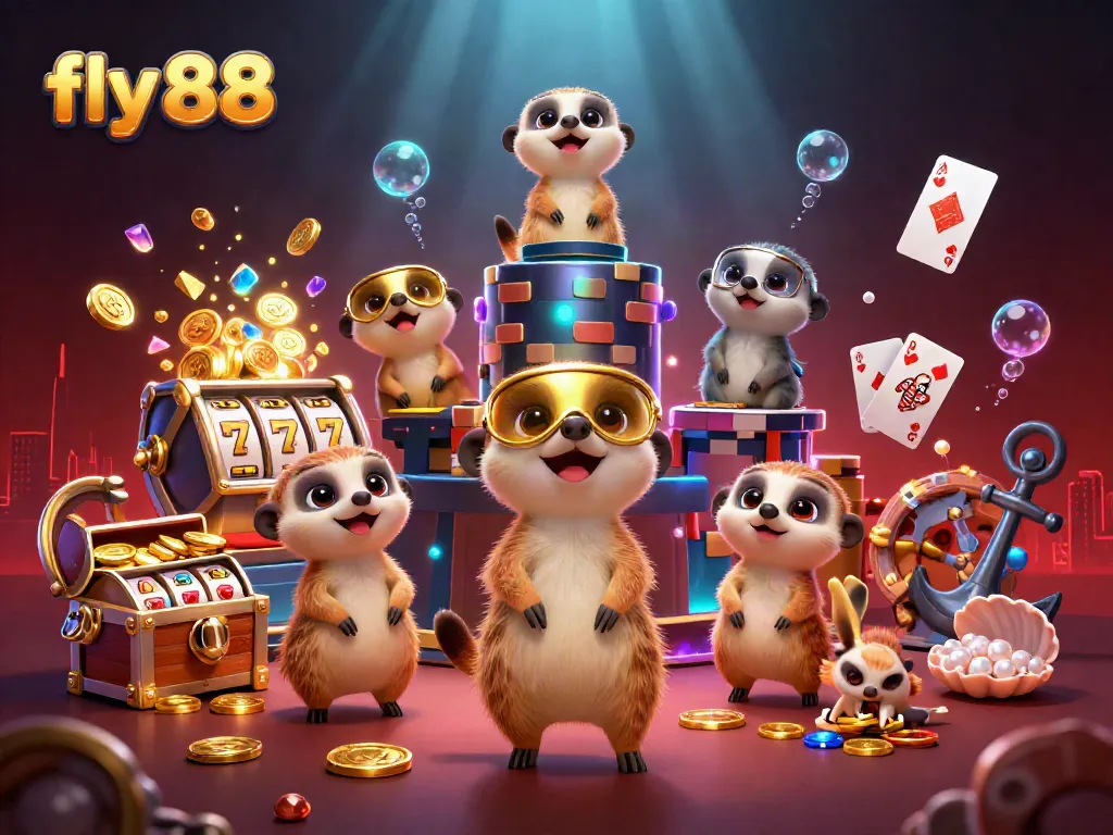 Engage with the fly 88 casino experience through animated meerkats amidst vibrant slot games and treasures.