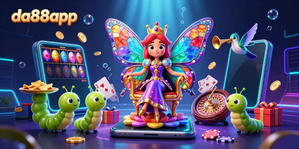 Experience the vibrant da88app casino world with a butterfly queen and immersive game elements.