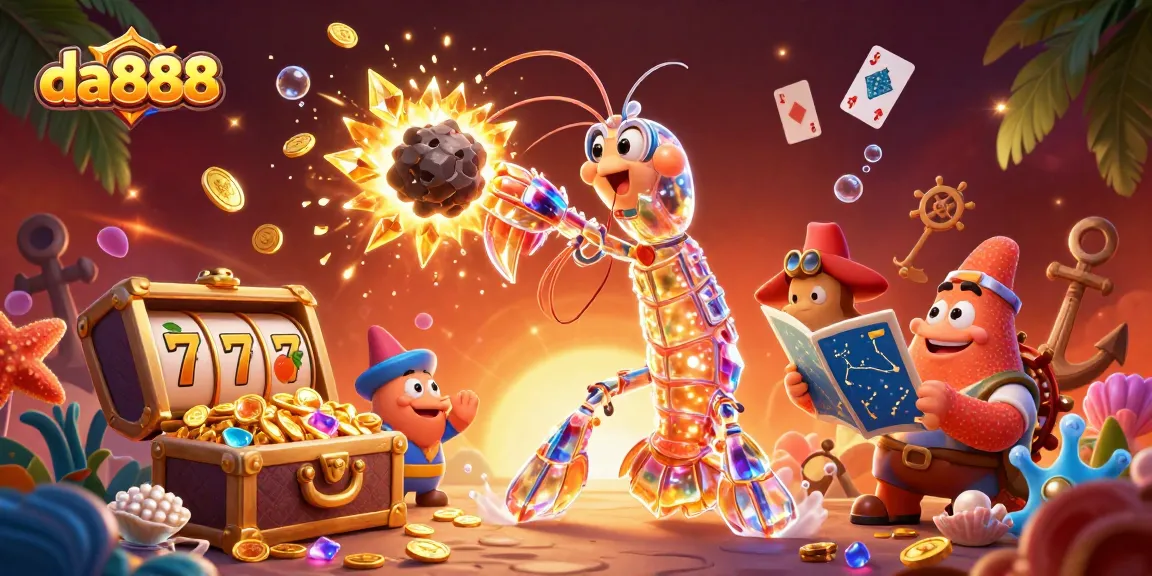 da888 unleashes a vibrant scene with samurai shrimp and treasure in a colorful casino world