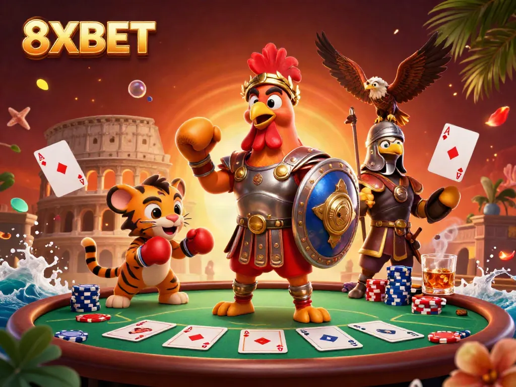 Experience thrilling gameplay with 8XBET's dynamic poker scene showing gladiator rooster and tiger cub in action.