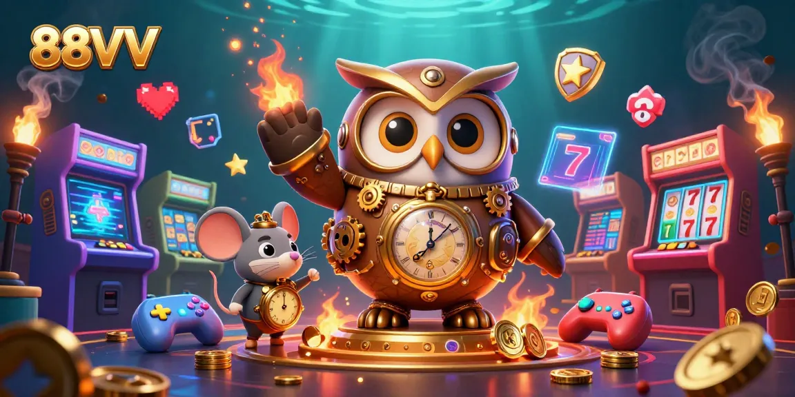 Experience thrilling gaming at 88VV with steampunk owls and vibrant casino elements.