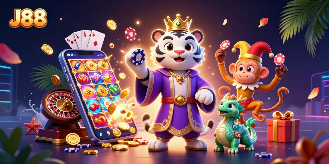 Experience the excitement of J88 with a vibrant 3D casino world featuring playful characters and dynamic gaming elements.