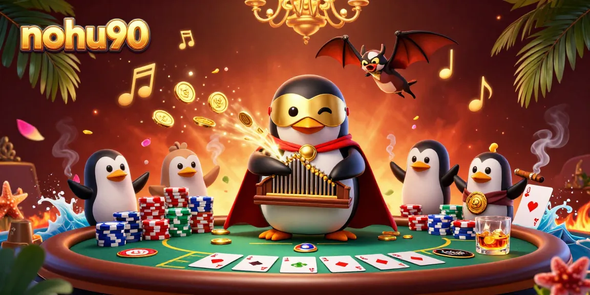 Nohu90 showcases a vibrant scene of a penguin and acrobat celebrating casino wins amidst flying poker elements.