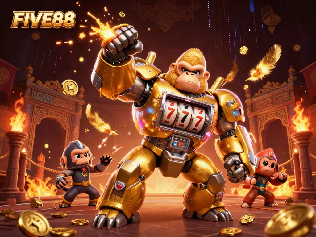 Experience thrilling action at FIVE88 with a dynamic 3D gorilla mech pulling jackpots amidst casino excitement.