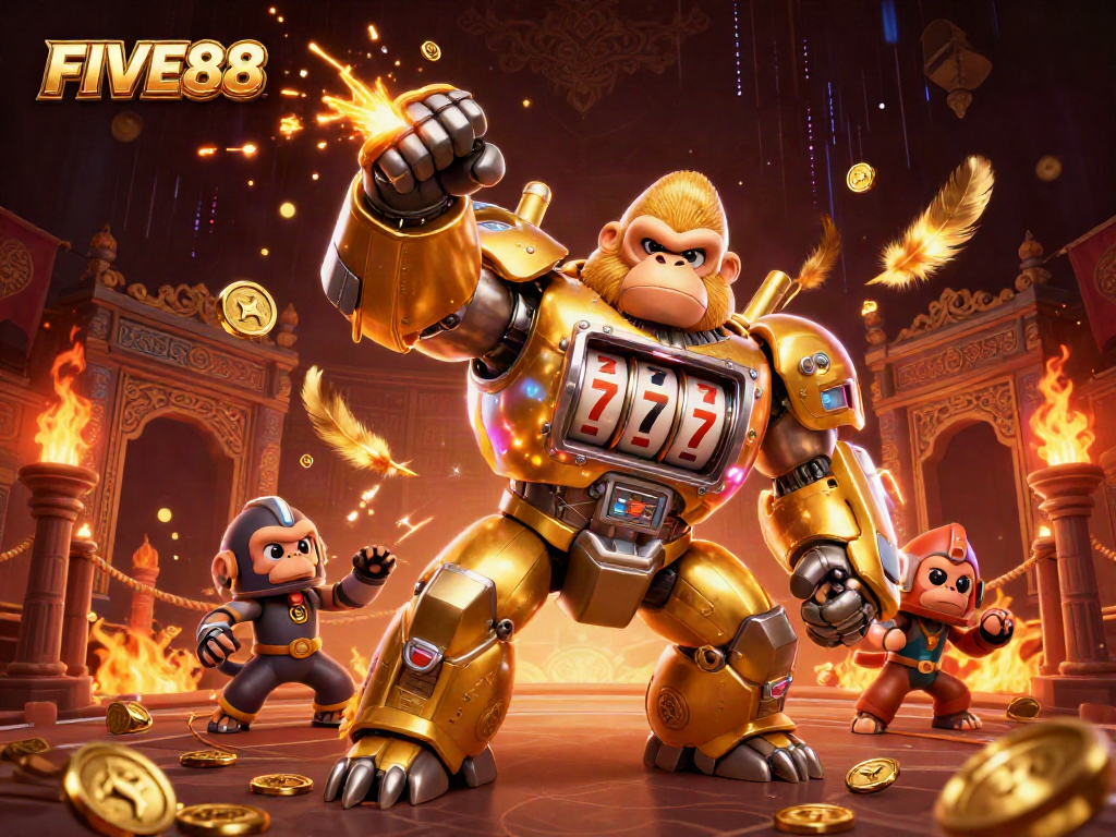 Experience thrilling action at FIVE88 with a dynamic 3D gorilla mech pulling jackpots amidst casino excitement.