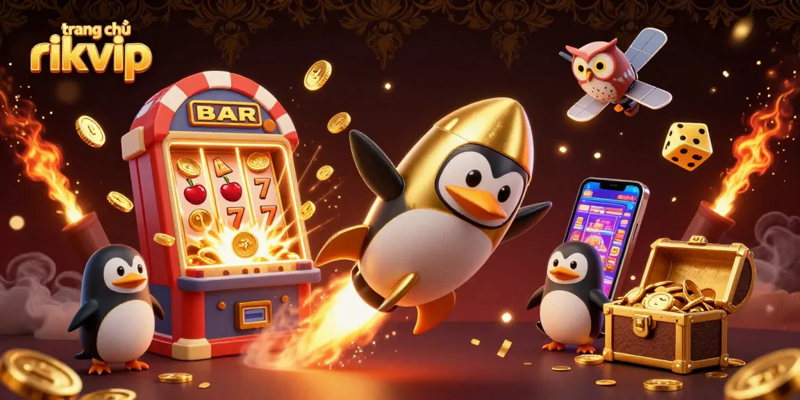 Experience exciting wins with trang chủ rikvip featuring a golden penguin and jackpot explosion.