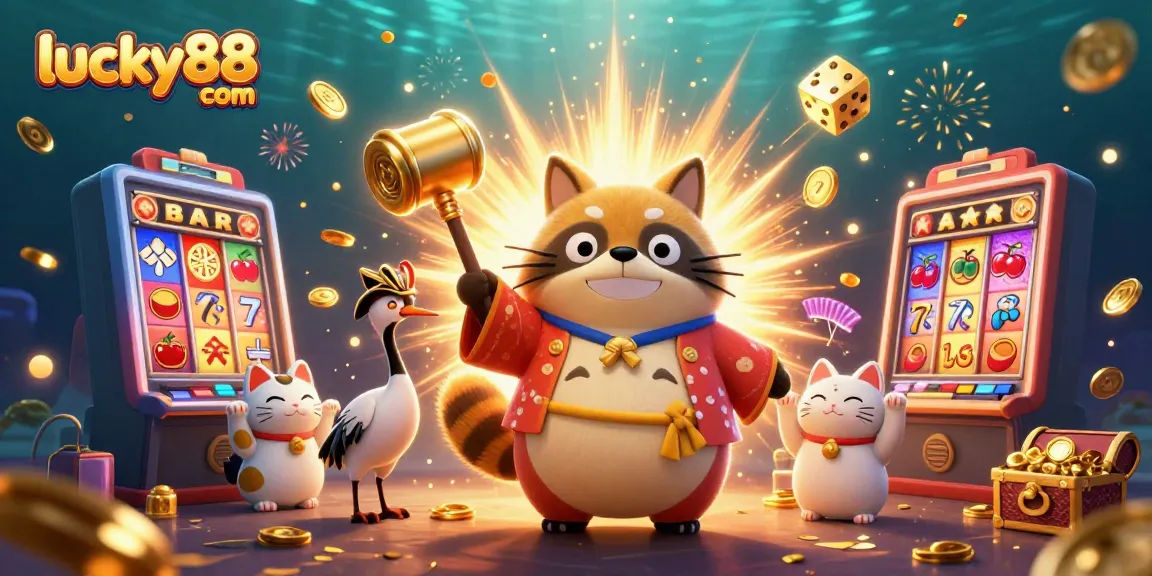 Play vibrant games at lucky88 com with a cheerful tanuki and fortune cats amid a jackpot explosion.