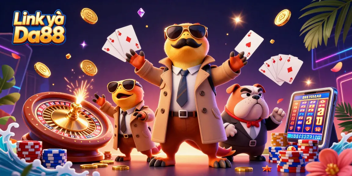 Experience fun with Link vào Da88 as raptors sneak into a vibrant casino scene full of coins and cards.