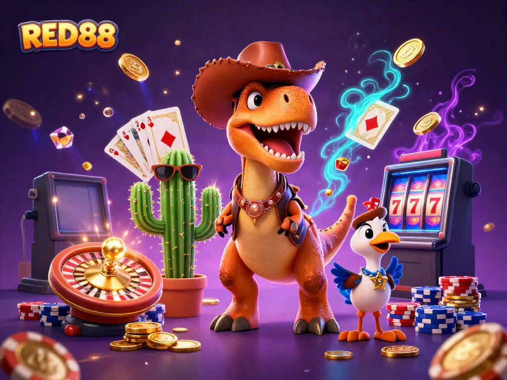 Experience thrilling moments with RED88, illustrated by a 3D cartoon T-Rex cowboy at a casino!