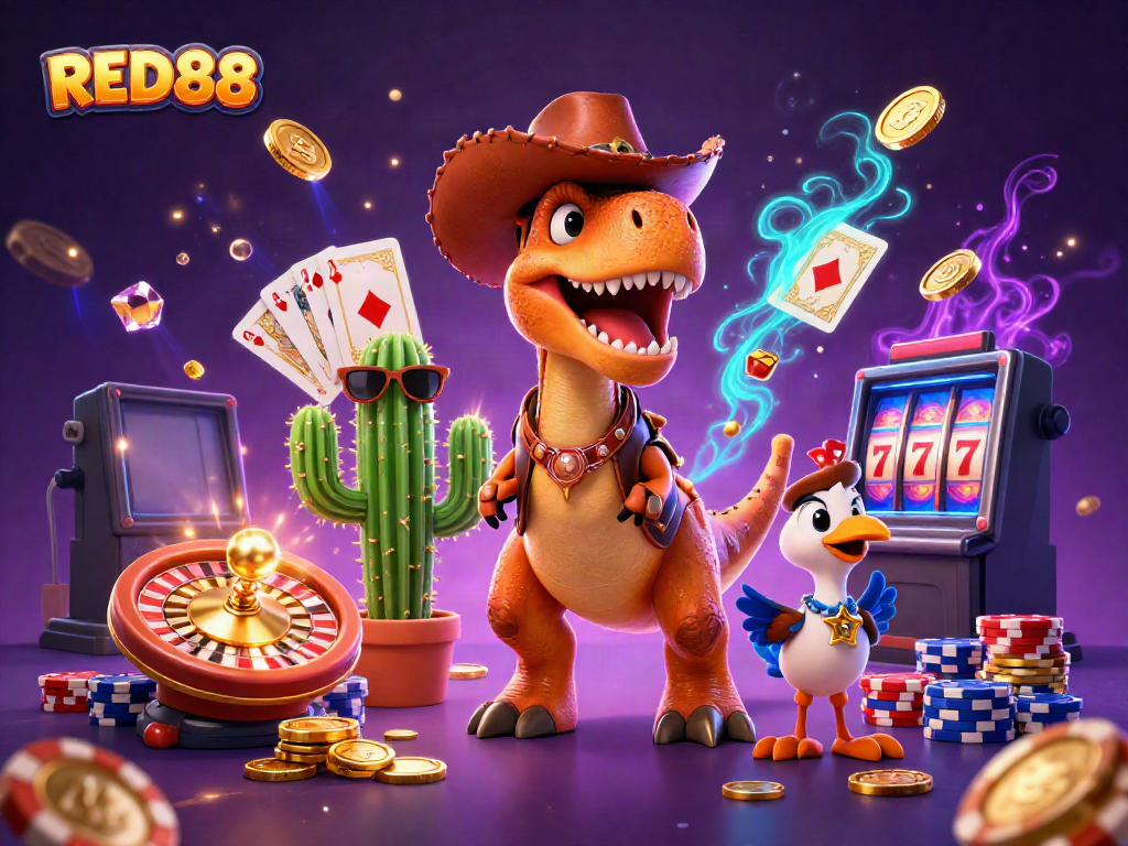 Experience thrilling moments with RED88, illustrated by a 3D cartoon T-Rex cowboy at a casino!
