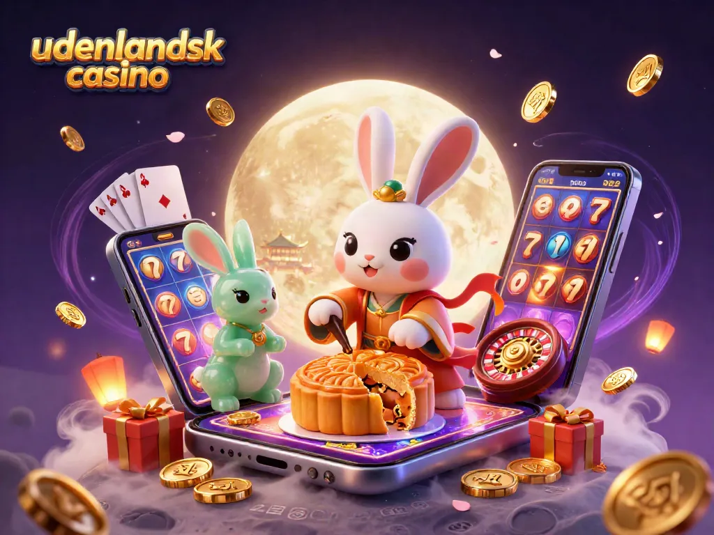 Experience the excitement of udenlandsk casino with a vibrant scene featuring a moon rabbit and poker chips.