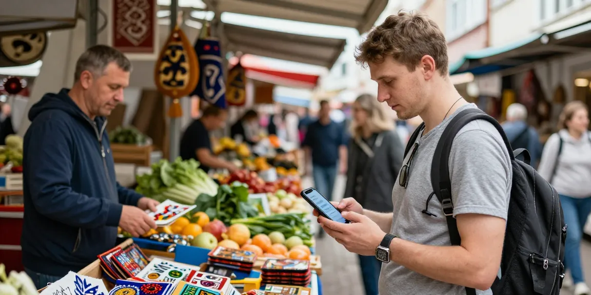 Toerist in een Russische markt met de PayInRussia-app op smartphone voor eenvoudiger betalen in Rusland.