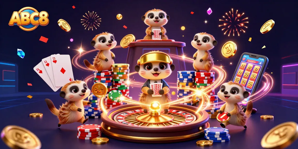 ABC8 meerkats celebrate a casino win with vibrant gaming elements, showcasing thrilling action.