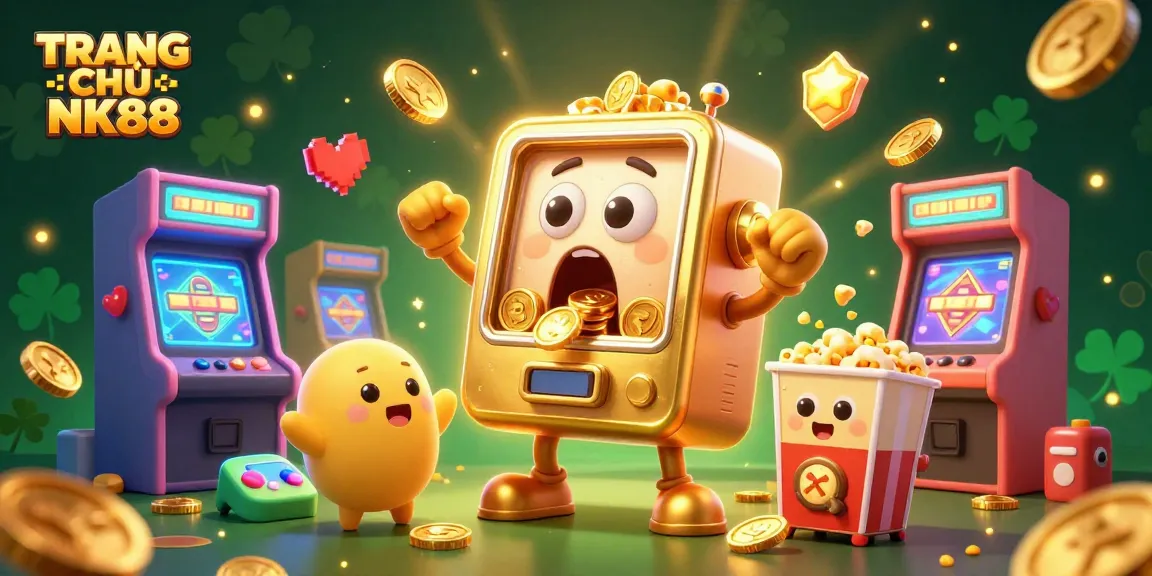Experience the thrill of TRANG CHỦ NK88 as golden slot machines celebrate a jackpot, surrounded by colorful gaming elements.