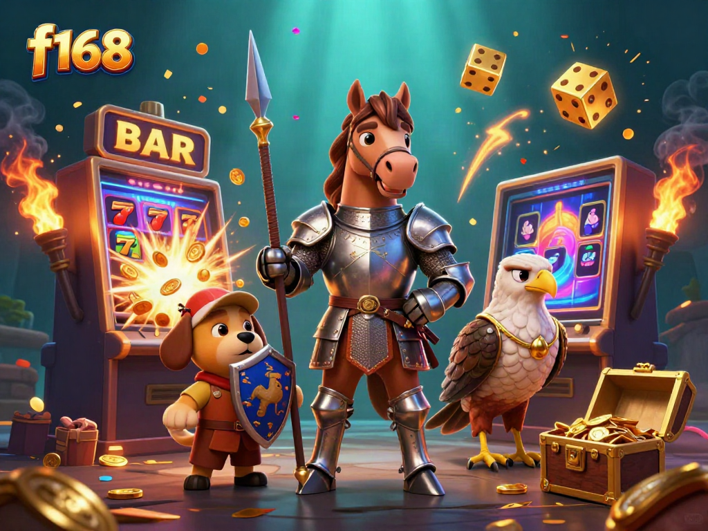 Experience the thrill of f168 with a dynamic casino adventure, showcasing medieval characters alongside vibrant gaming elements.