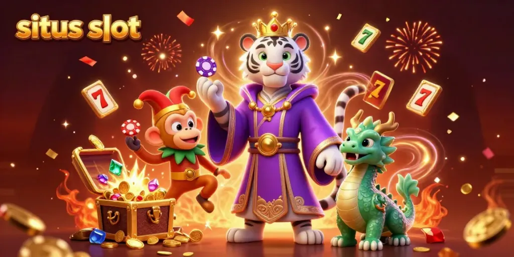 Engage with situs slot featuring a regal tiger, jester monkey, and dynamic jackpot imagery.
