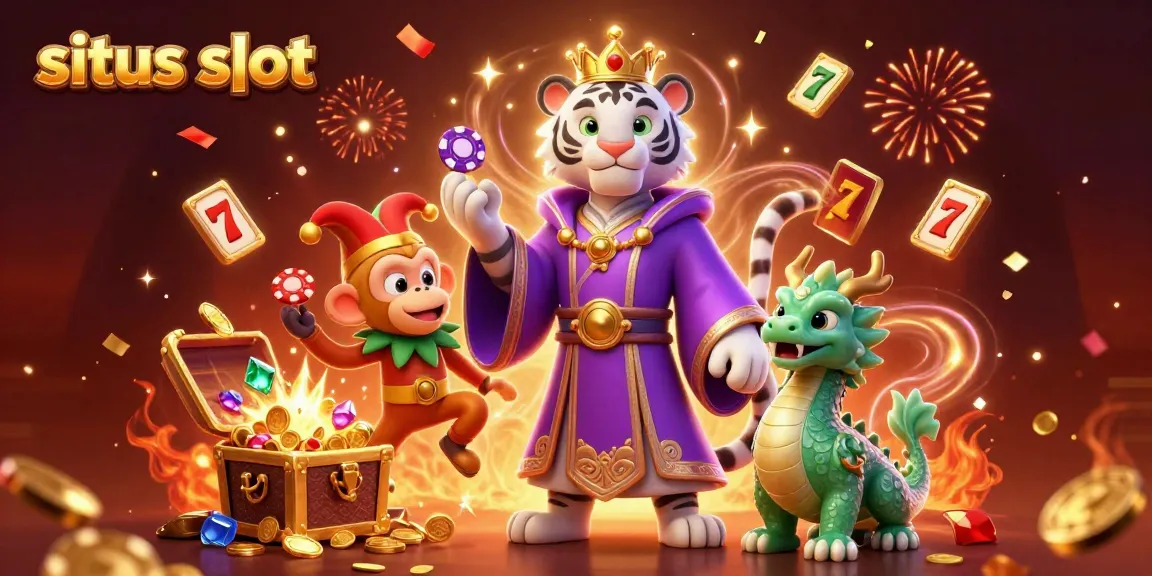 Engage with situs slot featuring a regal tiger, jester monkey, and dynamic jackpot imagery.