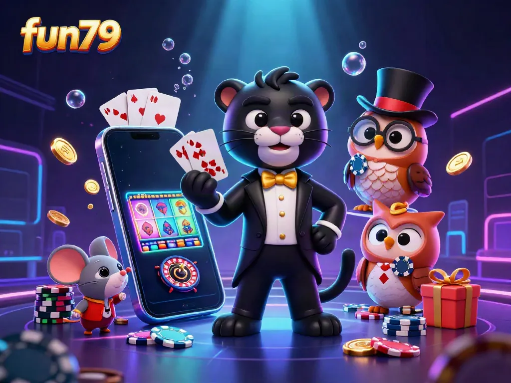 Experience fun79's thrilling casino adventure with stylish characters at a vibrant gambling scene.