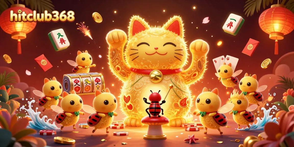 Engage with hitclub368's fantastic gaming universe featuring a lucky cat and vibrant casino symbols.