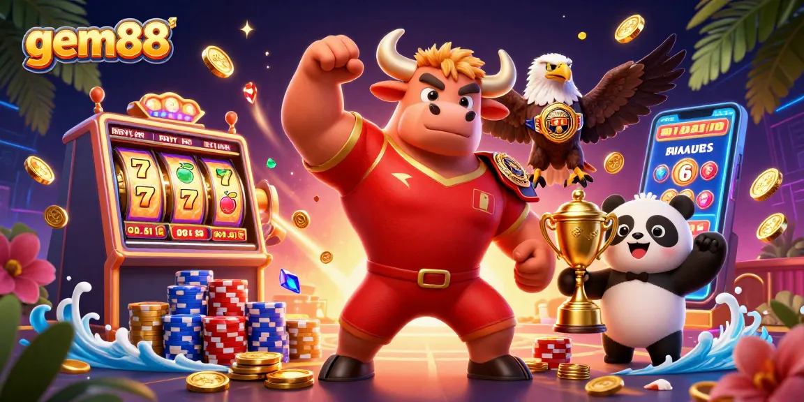 Win big with gem88's exciting slots, showcasing a vibrant casino scene with cheerful characters.