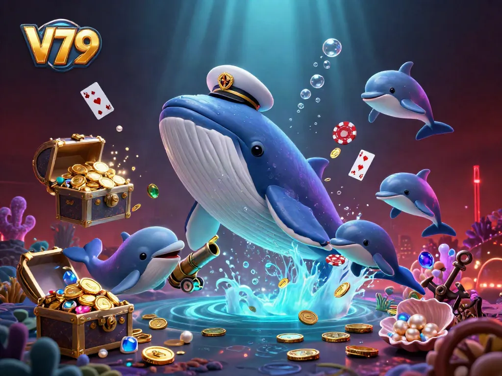 Engage in thrilling V79 casino action with 3D cartoon characters amidst a sea of coins and playing cards.