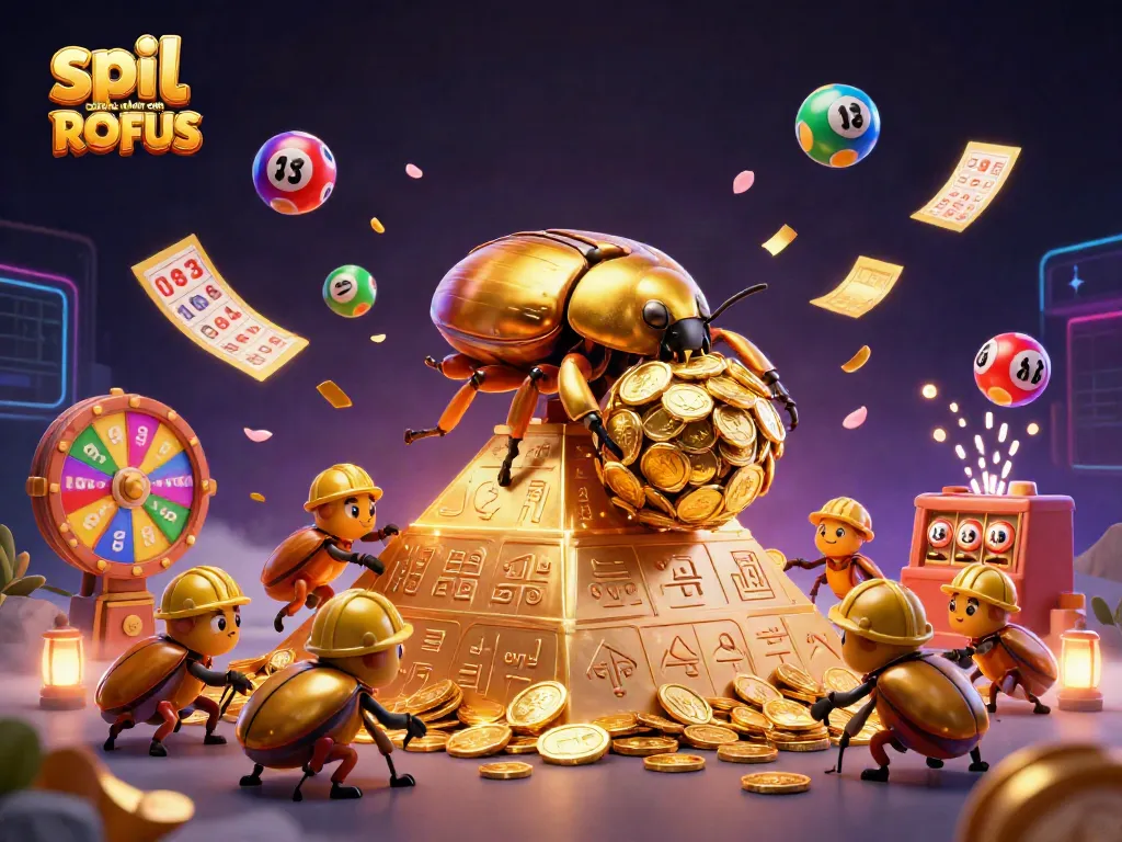 Experience the thrill of spil casino uden om ROFUS with golden beetles and casino elements in this dynamic illustration.