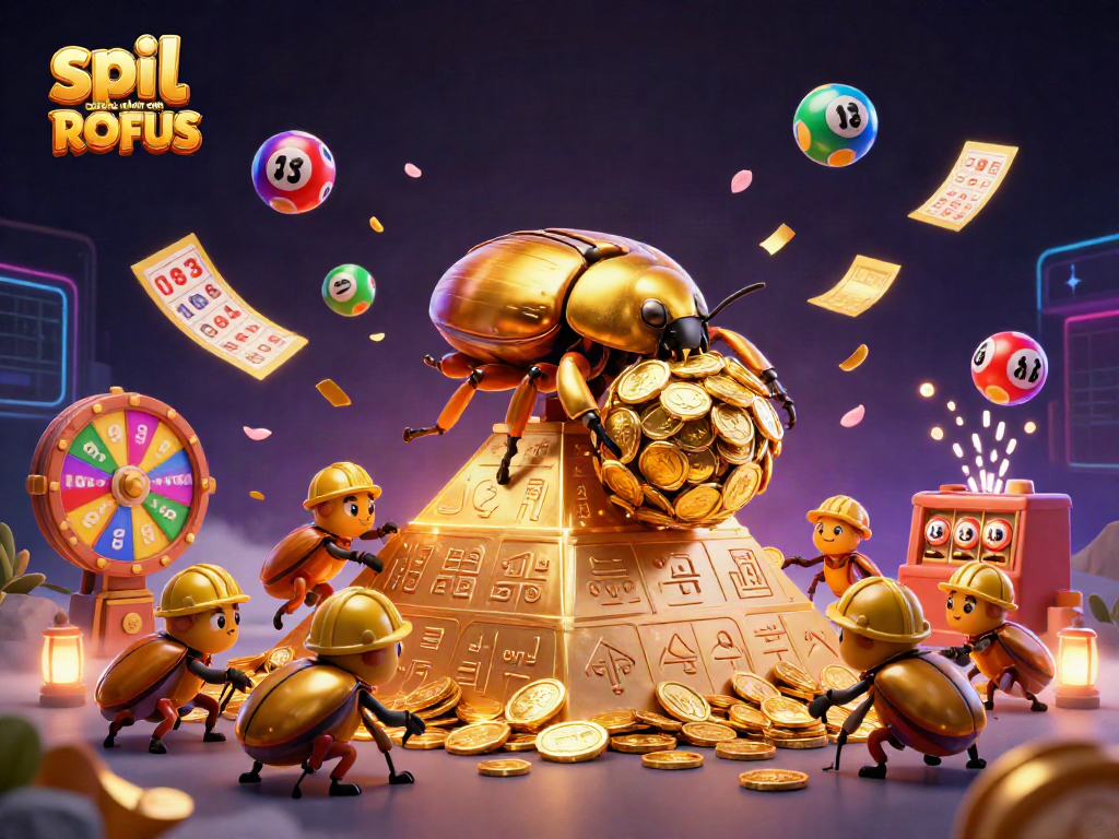 Experience the thrill of spil casino uden om ROFUS with golden beetles and casino elements in this dynamic illustration.