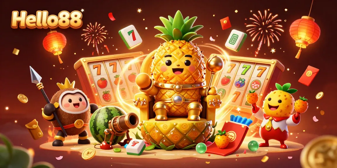 Play at Hello88 and win big with slots, surrounded by vibrant 3D characters and festive casino elements.