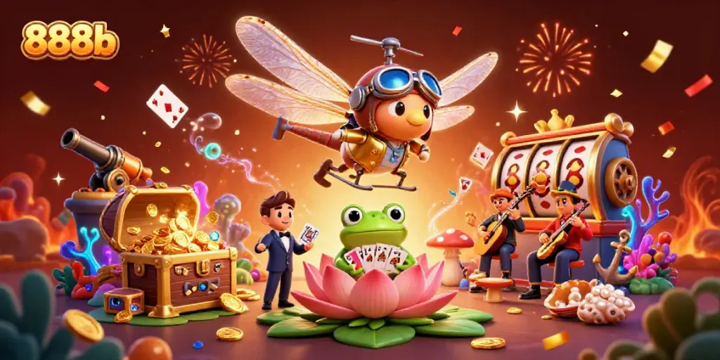 Experience thrilling action at 888b's lively casino with a cartoon dragonfly pilot and frog croupier.