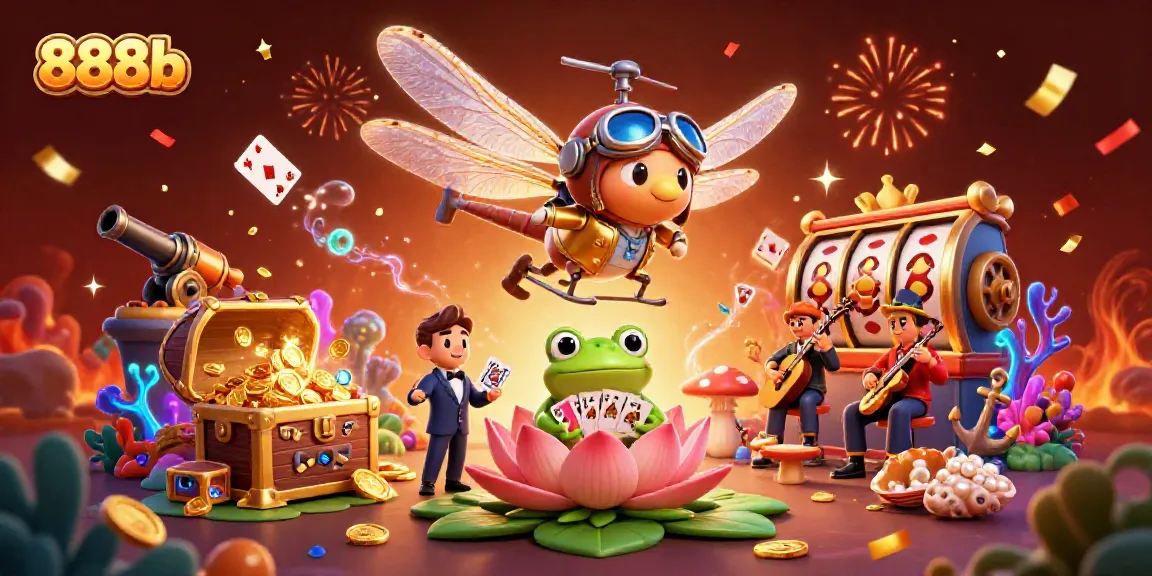 Experience thrilling action at 888b's lively casino with a cartoon dragonfly pilot and frog croupier.