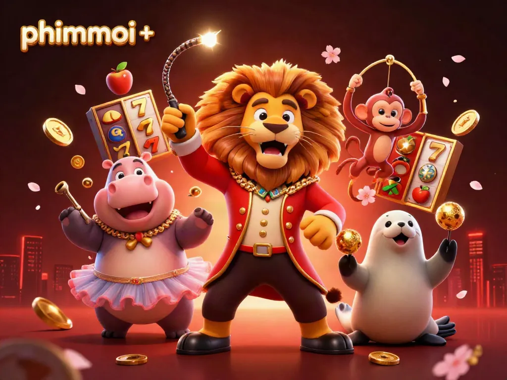 Join the adventure with phimmoi+ featuring a circus ringmaster lion, a hippo in a tutu, and slot reels with lucky symbols.