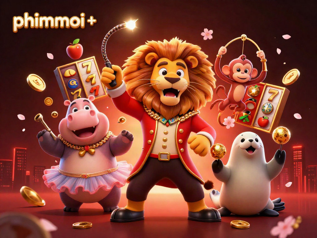 Join the adventure with phimmoi+ featuring a circus ringmaster lion, a hippo in a tutu, and slot reels with lucky symbols.