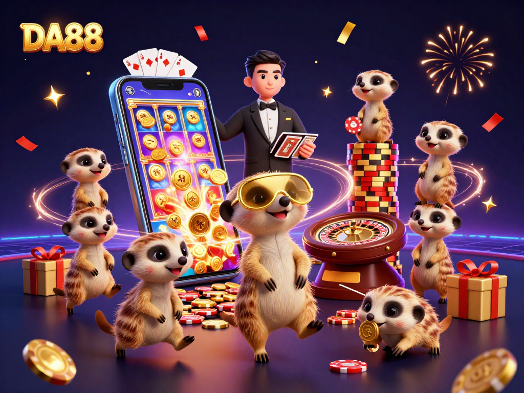 DA88 meerkats managing a vibrant casino with slots, cards, and festive elements.