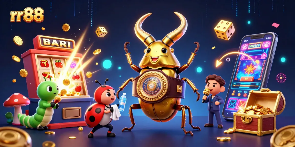 rr 88 features a triumphant beetle champion in a vibrant casino scene bursting with color and excitement.