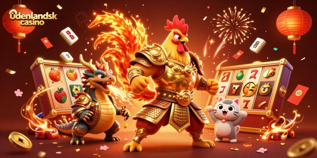 Engage in the excitement of udenlandsk casino with dynamic characters and festive elements in a vibrant 3D illustration.