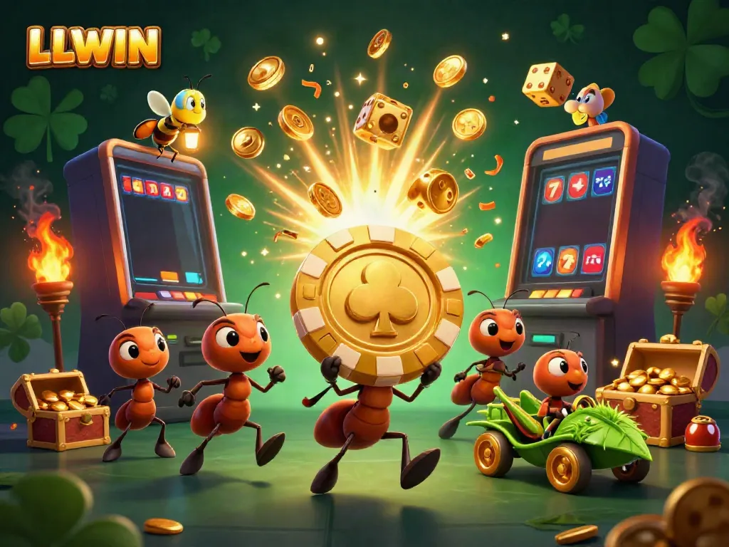 Engaging illustration showcasing LLWIN with cartoon ants on a heist for a giant poker chip amidst a vibrant casino backdrop.