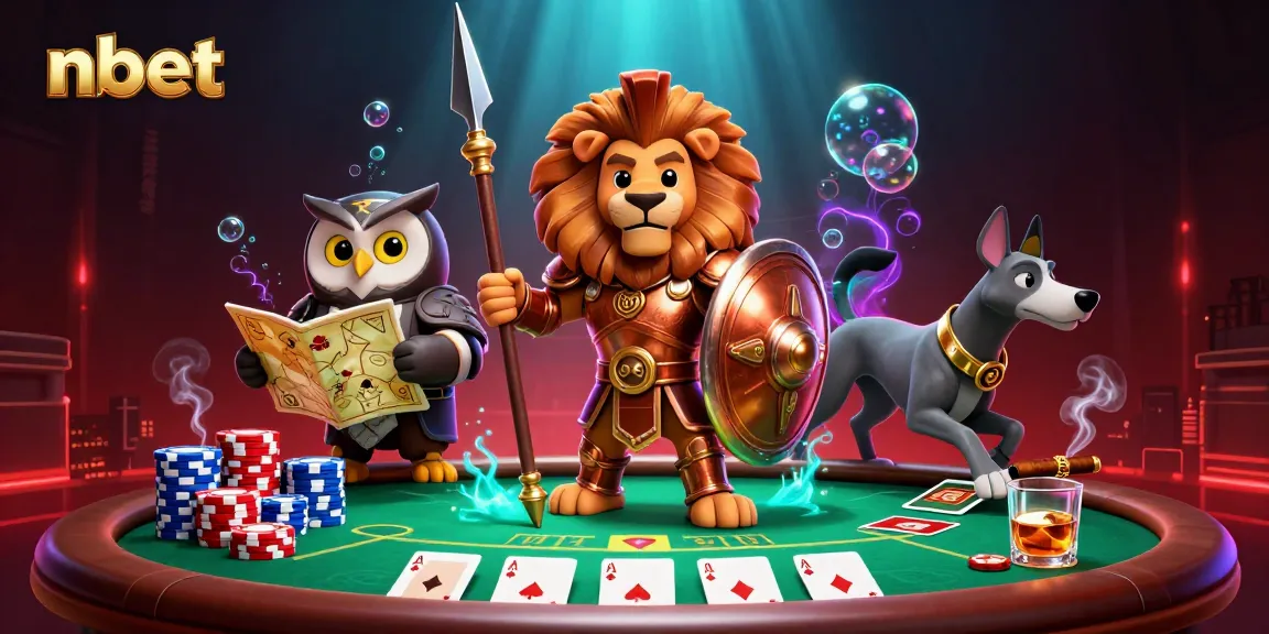 Engage with nbet's thrilling casino scene featuring poker elements and animated characters.