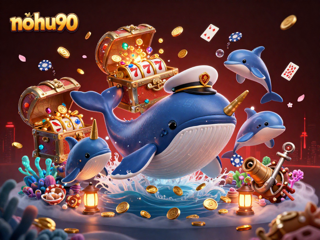 Experience exciting gameplay with nohu90 as a whale breaches in a sea of coins and poker chips.